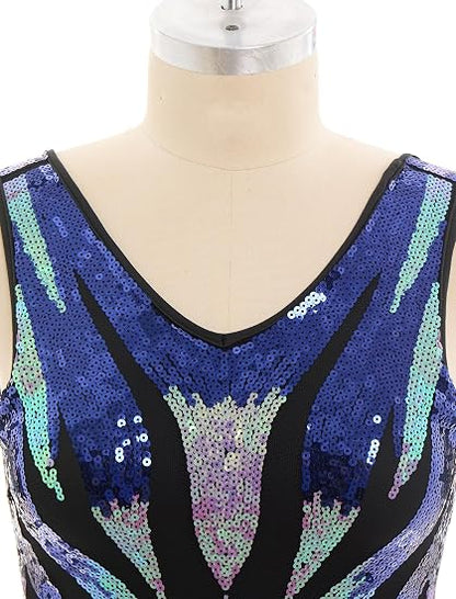 Sequin Fringe Bodysuit Latin Dance Costume Dance Outfit for Women | Glitter Mesh V-Neck Backless Dress Latin Samba Salsa Dancewear Showgirl Trapeze Acrobat Outfit for Ballroom Party Carnival