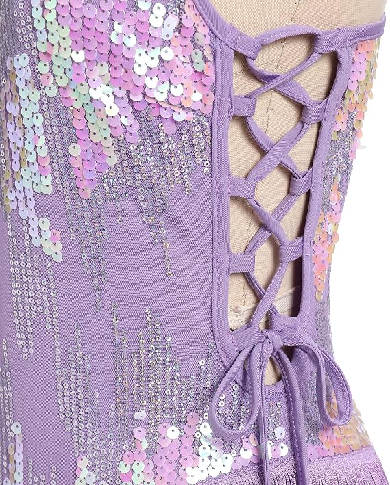 Women Sparkly Sequin Tassel Fringe Bodysuit Cami Strap Latin Dance Leotard Jumpsuit Festival Rave Outfits