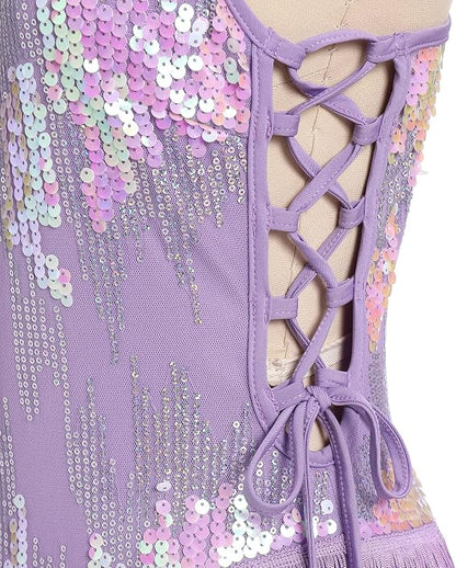 Women Sparkly Sequin Tassel Fringe Bodysuit Cami Strap Latin Dance Leotard Jumpsuit Festival Rave Outfits