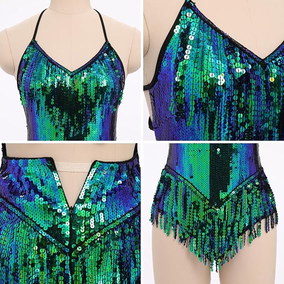 Sexy Sequins Fringe Bodysuit Halter Lace Up Back Jazz Latin Dance Tassel Leotard Acrobat Costume Rave Concert Outfits