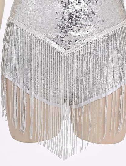 Shiny Sequin Fringe Bodysuit for Women Spliced Mesh Jumpsuit Polyester Fabric Invisible Side Zipper Sparkly Rhinestones Tassel Romper Dress for Latin Jazz Dance Music Festival Disco