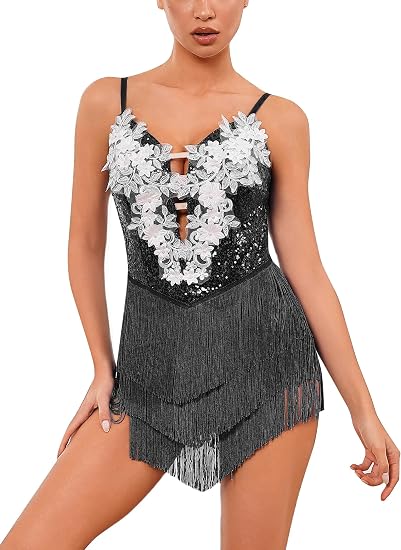 Women Sparkly Sequins Fringe Bodysuit Floral Lace Latin Jazz Tassel Dance Costume Open Back Rave Circus Trapeze Outfits
