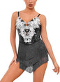 Women Sparkly Sequins Fringe Bodysuit Floral Lace Latin Jazz Tassel Dance Costume Open Back Rave Circus Trapeze Outfits
