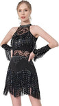 Women Latin Dress Lace Rhinestone Fringe Skirt Ballroom Salsa Cha Cha Dance Party Dress with Armband