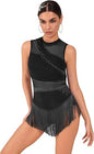 Rhinestone Fringe Bodysuit Women Sparkly Tassel Romper Dress Mesh Latin Jazz Dance Leotard Rave Outfits Disco Pole Dancewear
