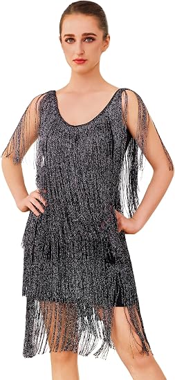 Glitter Fringe Dress for Women Sparkly Latin Dance Costume 1920s Tassel Flapper Dress Shiny Great Gatsby Party Salsa Outfit