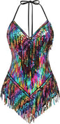 Sexy Sequins Fringe Bodysuit Halter Lace Up Back Jazz Latin Dance Tassel Leotard Acrobat Costume Rave Concert Outfits