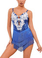 Women Sparkly Sequins Fringe Bodysuit Floral Lace Latin Jazz Tassel Dance Costume Open Back Rave Circus Trapeze Outfits