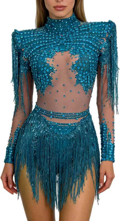 Women Diamonds Sequins Tassel Bodysuit Night Stage Wear Sexy Performance Latin Dance Costume Party Birthday Outfit