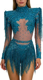 Women Diamonds Sequins Tassel Bodysuit Night Stage Wear Sexy Performance Latin Dance Costume Party Birthday Outfit