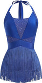 Women Halter Fringe Bodysuit Open Back Glitter Mesh Salsa Jazz Latin Dance Dress Sexy Concert Sparkly Tassel Outfits