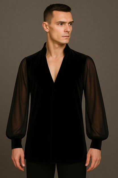 Dance Ballroom Salsa Bachata Men's Velvet Shirt with Stand Up Collar