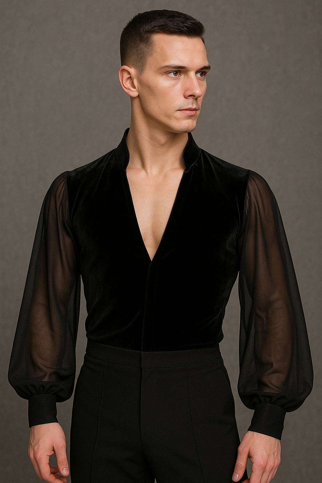 Dance Ballroom Salsa Bachata Leotard Men's Velvet Shirt with Stand Up Collar