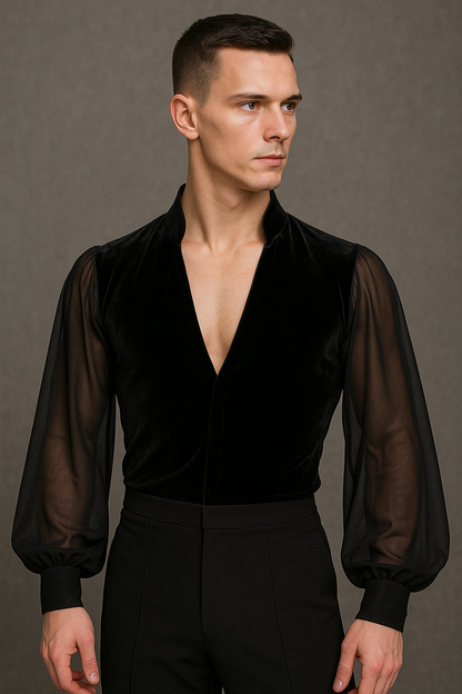 Dance Ballroom Salsa Bachata Leotard Men's Velvet Shirt with Stand Up Collar
