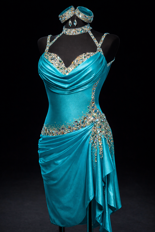 Turquoise Latin competition dress, salsa, bachata costume