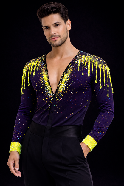 Men’s Latin Dance Shirt – Dark Purple & Neon Yellow