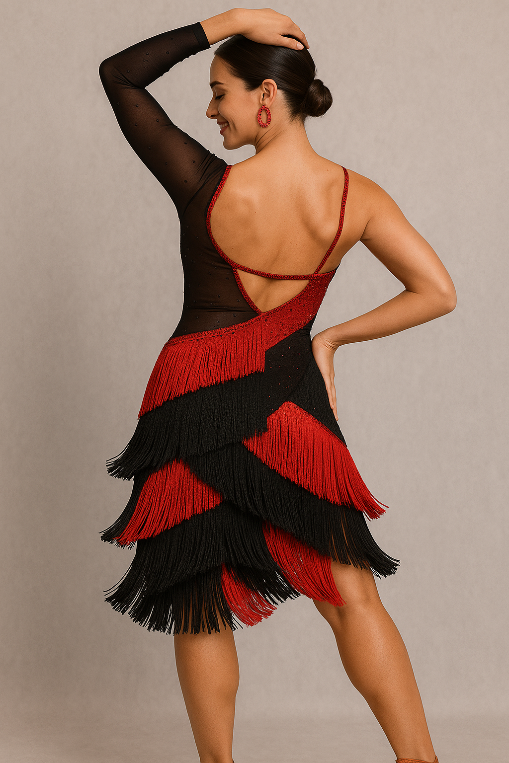 Red and Black Salsa Bachata Ballroom Fringe Dress