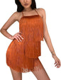 Women Halter Tassel Romper Backless Fringe Latin Dance Dress Evening Short Jumpsuit Dressy Ballroom Tie Back Playsuit