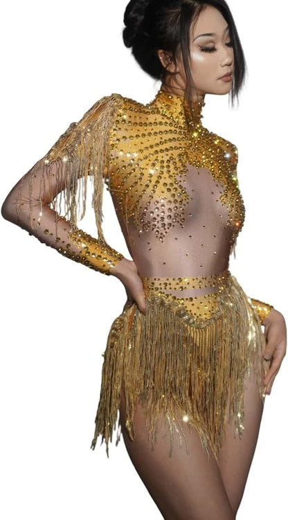 Women Diamonds Sequins Tassel Bodysuit Night Stage Wear Sexy Performance Latin Dance Costume Party Birthday Outfit