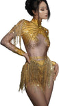 Women Diamonds Sequins Tassel Bodysuit Night Stage Wear Sexy Performance Latin Dance Costume Party Birthday Outfit