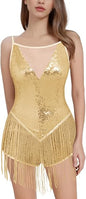 Shiny Sequin Fringe Bodysuit for Women Spliced Mesh Jumpsuit Polyester Fabric Invisible Side Zipper Sparkly Rhinestones Tassel Romper Dress for Latin Jazz Dance Music Festival Disco