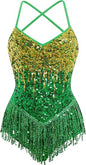 Women Sequins Glitters Fringe Tassel Bodysuit for Latin Dance Shiny Music Festivals Rave Outfit Concert Costume
