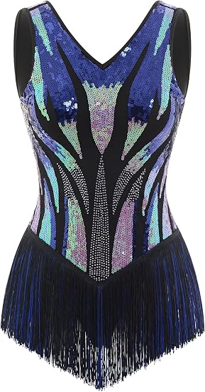 Women Sexy Fringe Bodysuit Open Back Sparkly Sequins Tassel Latin Jazz Dance Outfits Trapeze Acrobat Circus Costume