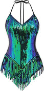 Sexy Sequins Fringe Bodysuit Halter Lace Up Back Jazz Latin Dance Tassel Leotard Acrobat Costume Rave Concert Outfits