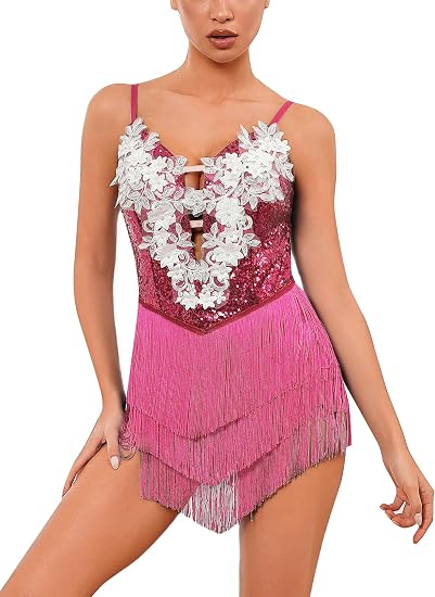 Women Sparkly Sequins Fringe Bodysuit Floral Lace Latin Jazz Tassel Dance Costume Open Back Rave Circus Trapeze Outfits