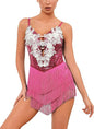 Women Sparkly Sequins Fringe Bodysuit Floral Lace Latin Jazz Tassel Dance Costume Open Back Rave Circus Trapeze Outfits
