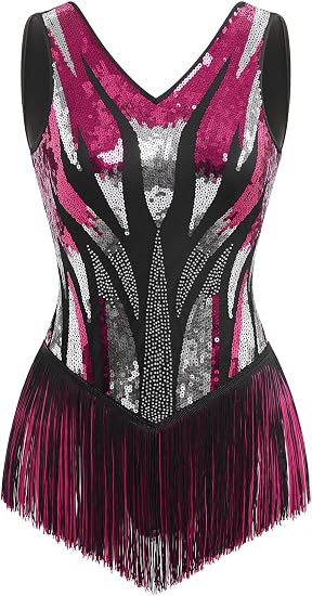 Women Sexy Fringe Bodysuit Open Back Sparkly Sequins Tassel Latin Jazz Dance Outfits Trapeze Acrobat Circus Costume