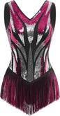 Women Sexy Fringe Bodysuit Open Back Sparkly Sequins Tassel Latin Jazz Dance Outfits Trapeze Acrobat Circus Costume
