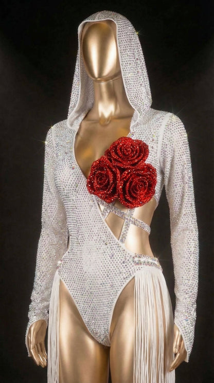 Crimson Rose Crystal Hooded Performance Bodysuit