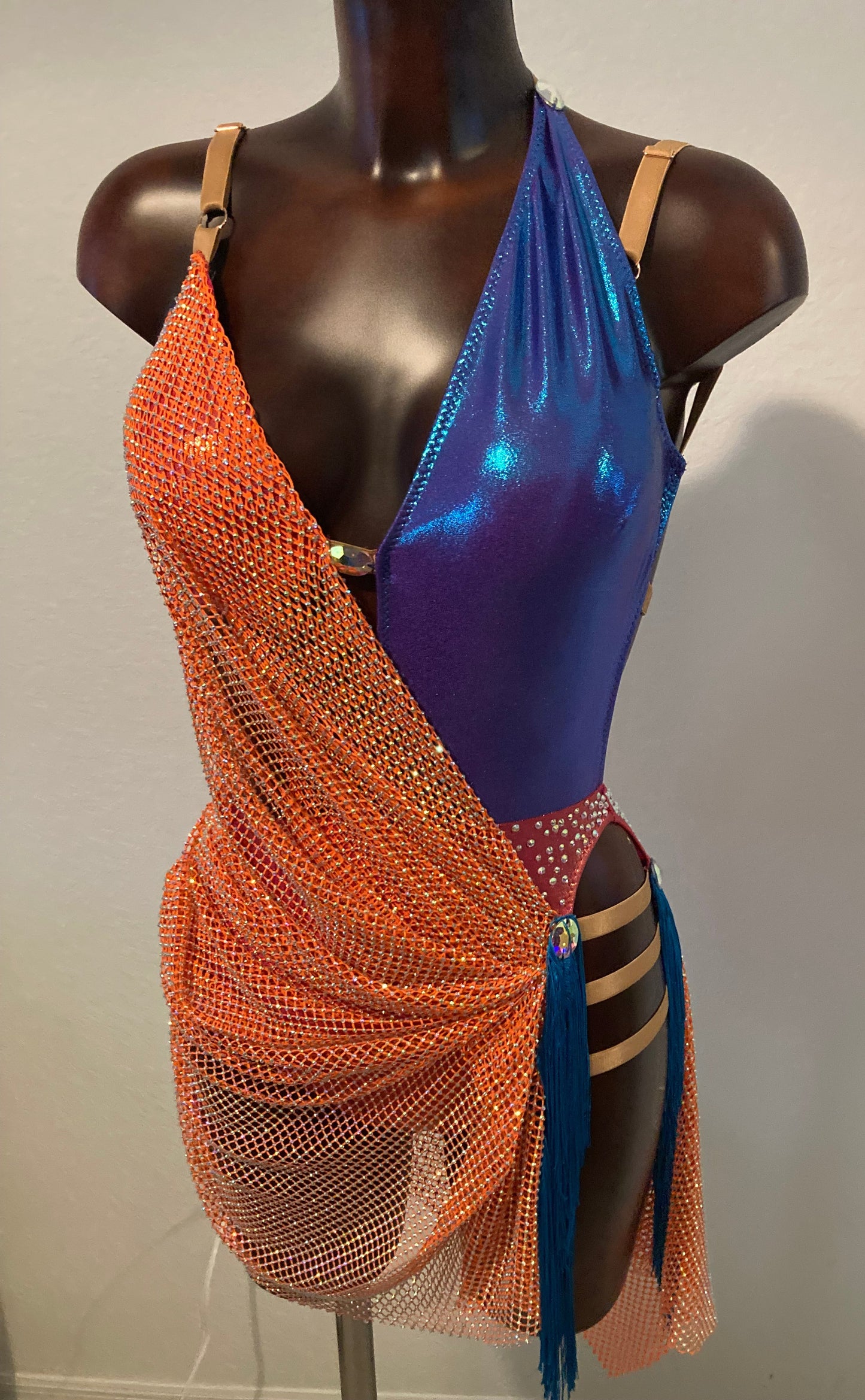 Orange/Blue Latin  Salsa Bachata Dance Costume Dress