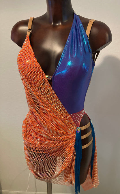 Orange/Blue Latin  Salsa Bachata Dance Costume Dress