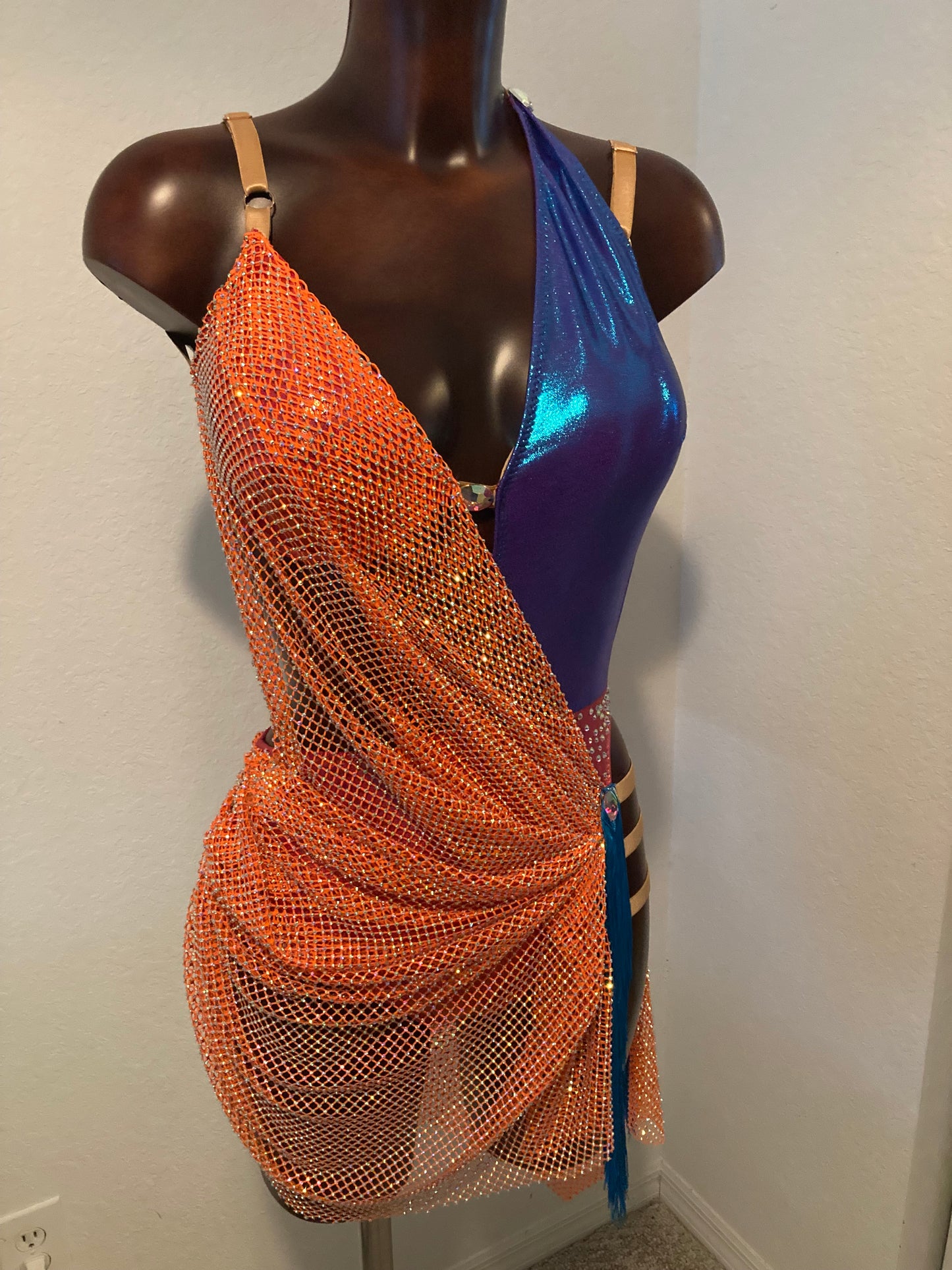 Orange/Blue Latin  Salsa Bachata Dance Costume Dress