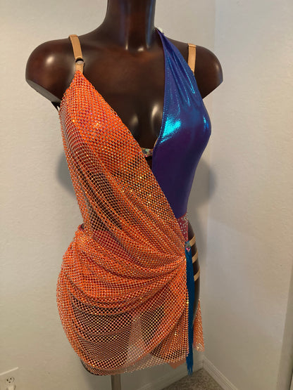 Orange/Blue Latin  Salsa Bachata Dance Costume Dress