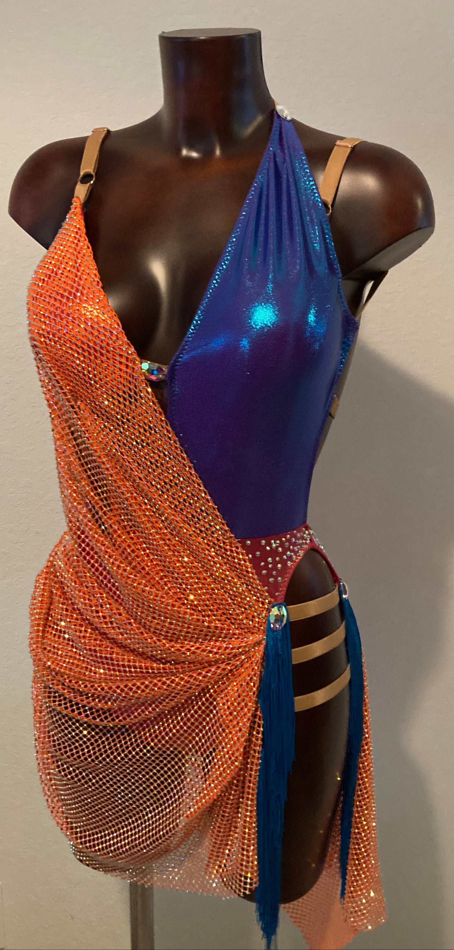 Orange/Blue Latin  Salsa Bachata Dance Costume Dress
