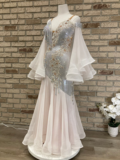 Stunning silver and light peach Smooth Dance Dress size M