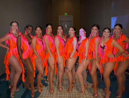 Orange/Pink  Fringe Team Salsa  Dance Costume Dress with Accessories