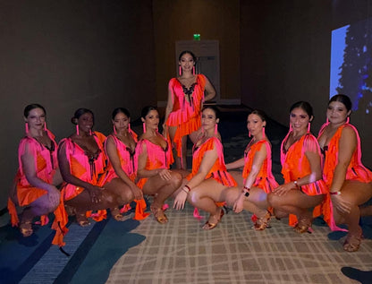 Orange/Pink  Fringe Team Salsa  Dance Costume Dress with Accessories