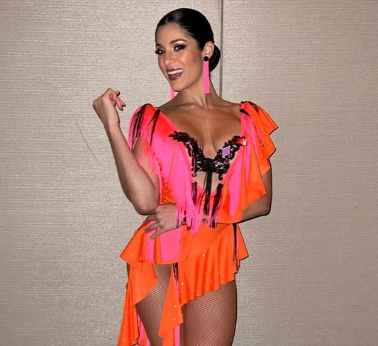 Orange/Pink  Fringe Team Salsa  Dance Costume Dress with Accessories
