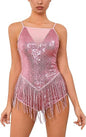 Shiny Sequin Fringe Bodysuit for Women Spliced Mesh Jumpsuit Polyester Fabric Invisible Side Zipper Sparkly Rhinestones Tassel Romper Dress for Latin Jazz Dance Music Festival Disco