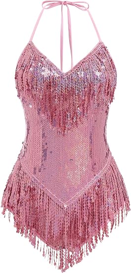 Sexy Sequins Fringe Bodysuit Halter Lace Up Back Jazz Latin Dance Tassel Leotard Acrobat Costume Rave Concert Outfits