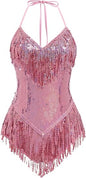 Sexy Sequins Fringe Bodysuit Halter Lace Up Back Jazz Latin Dance Tassel Leotard Acrobat Costume Rave Concert Outfits