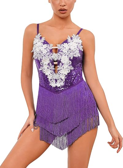Women Sparkly Sequins Fringe Bodysuit Floral Lace Latin Jazz Tassel Dance Costume Open Back Rave Circus Trapeze Outfits