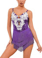 Women Sparkly Sequins Fringe Bodysuit Floral Lace Latin Jazz Tassel Dance Costume Open Back Rave Circus Trapeze Outfits