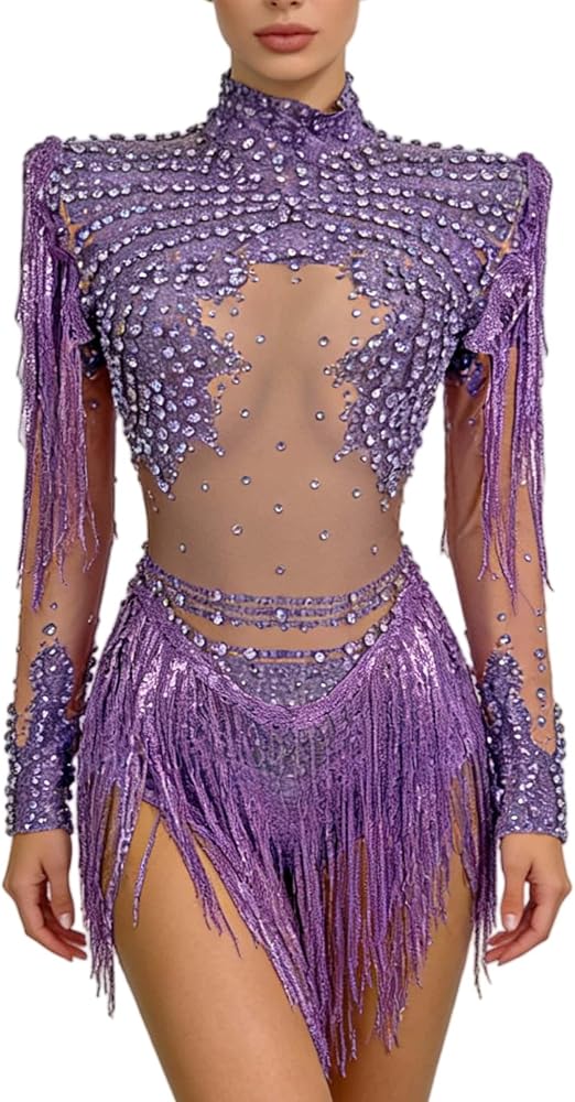 Women Diamonds Sequins Tassel Bodysuit Night Stage Wear Sexy Performance Latin Dance Costume Party Birthday Outfit