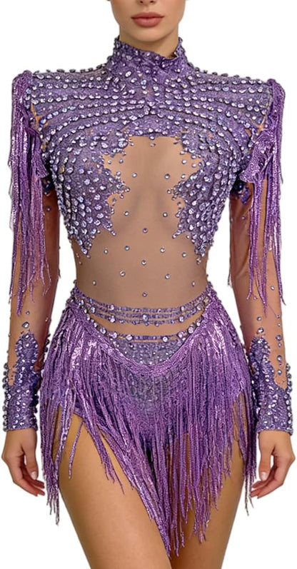 Women Diamonds Sequins Tassel Bodysuit Night Stage Wear Sexy Performance Latin Dance Costume Party Birthday Outfit