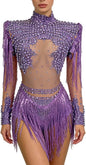 Women Diamonds Sequins Tassel Bodysuit Night Stage Wear Sexy Performance Latin Dance Costume Party Birthday Outfit